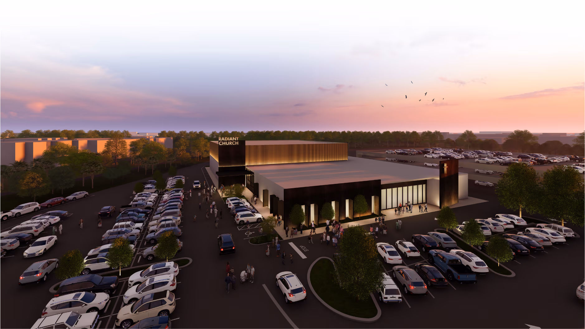 Aerial rendering of campus and parking